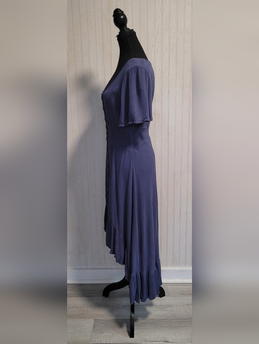 ​Amplify Blue Boho Crinkle Rayon Button Front High Low Midi Dress Size L - Picture 2 of 12
